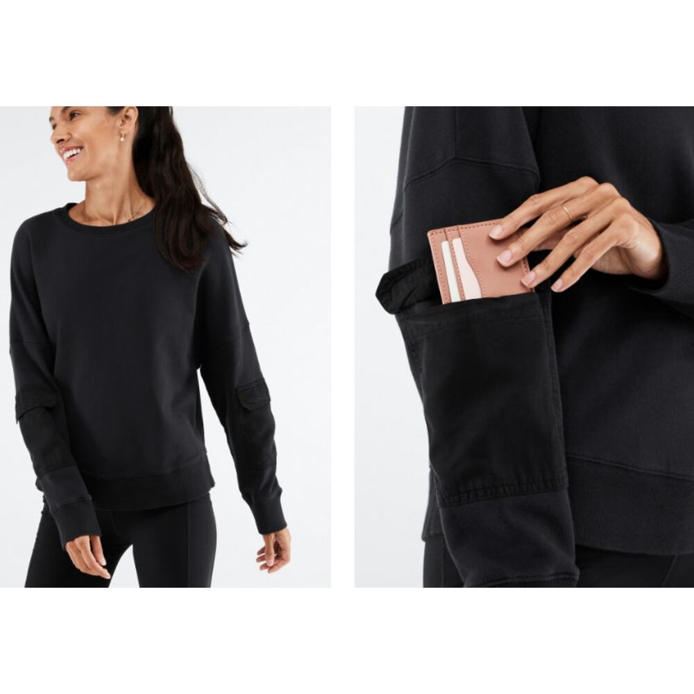 Fabletics Size XL Pearl Sweatshirt Black French Terry Sleeve Pocket Crewneck